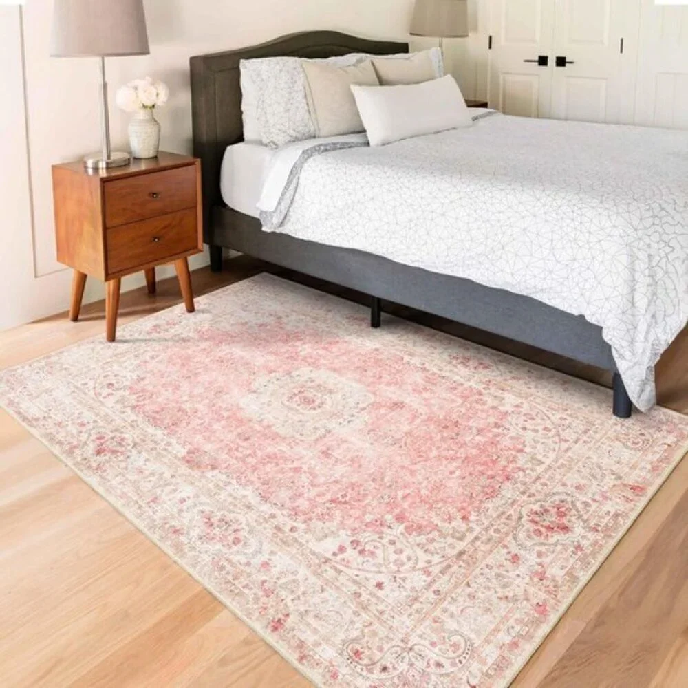New 3x5 Pink Area Rug, Washable, Non-Slip Vintage Distressed Carpet for Bedroom